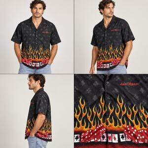 XNT Las Vegas Shirt Mens 2XL Black Flames Dice Cards Casino Button Up Y2K